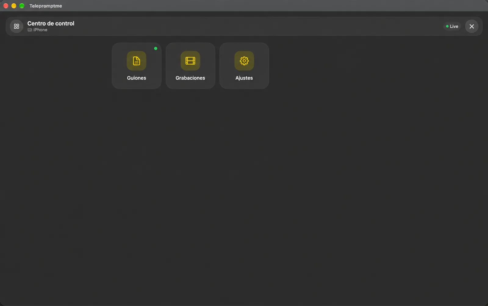 El Centro de control remoto con azulejos para Scripts, grabaciones y ajustes