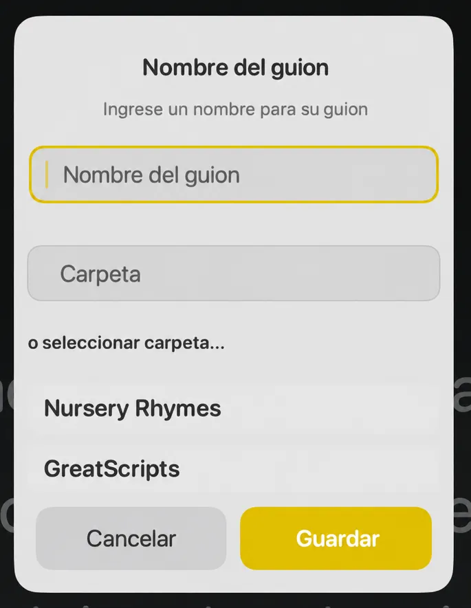 El diálogo Nombre del script con campos para el nombre del script y una carpeta, y una lista de carpetas existentes