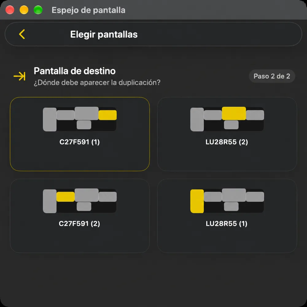 Espejo de pantalla paso dos, Pantalla de destino, preguntando dónde debería aparecer el espejo