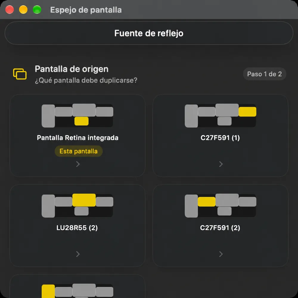 Espejo de pantalla paso uno, Pantalla de origen, preguntando qué pantalla debe reflejarse
