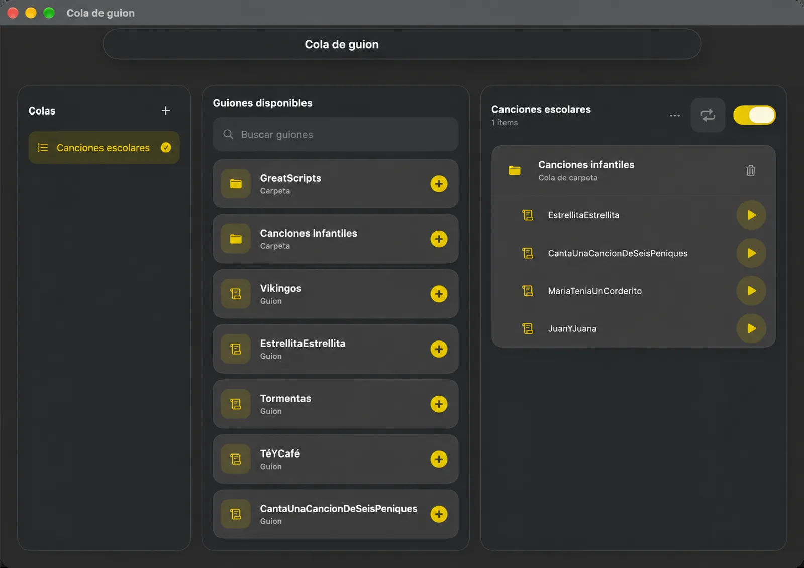 La ventana de Cola de Script con la lista de colas, los scripts disponibles para añadir y el orden de ejecución