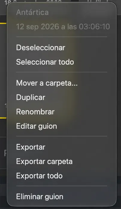 El menú de clic derecho en una ficha de script que muestra Ir a carpeta, Duplicar, Renombrar, Editar script, Exportar y Eliminar script
