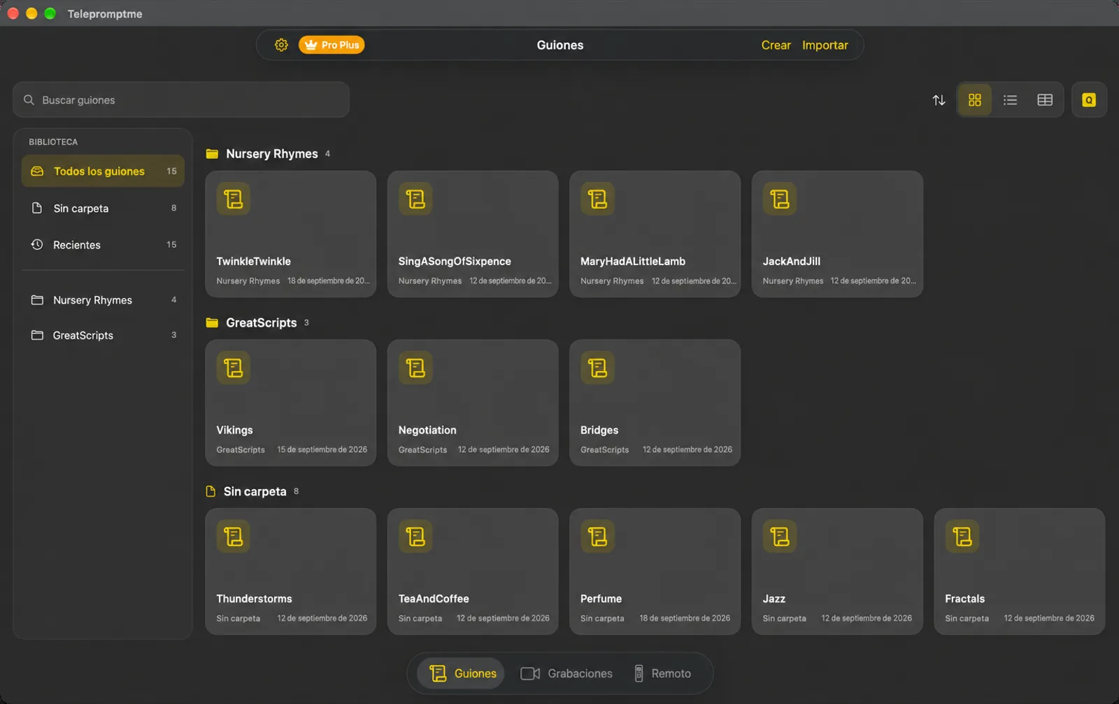 La biblioteca de scripts Telepromptme que muestra los scripts como fichas con una barra lateral de carpetas