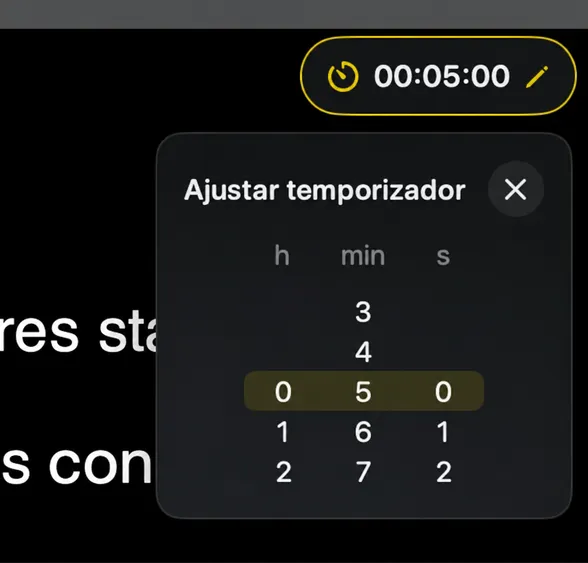 El selector de temporizador de configuración con columnas para horas, minutos y segundos