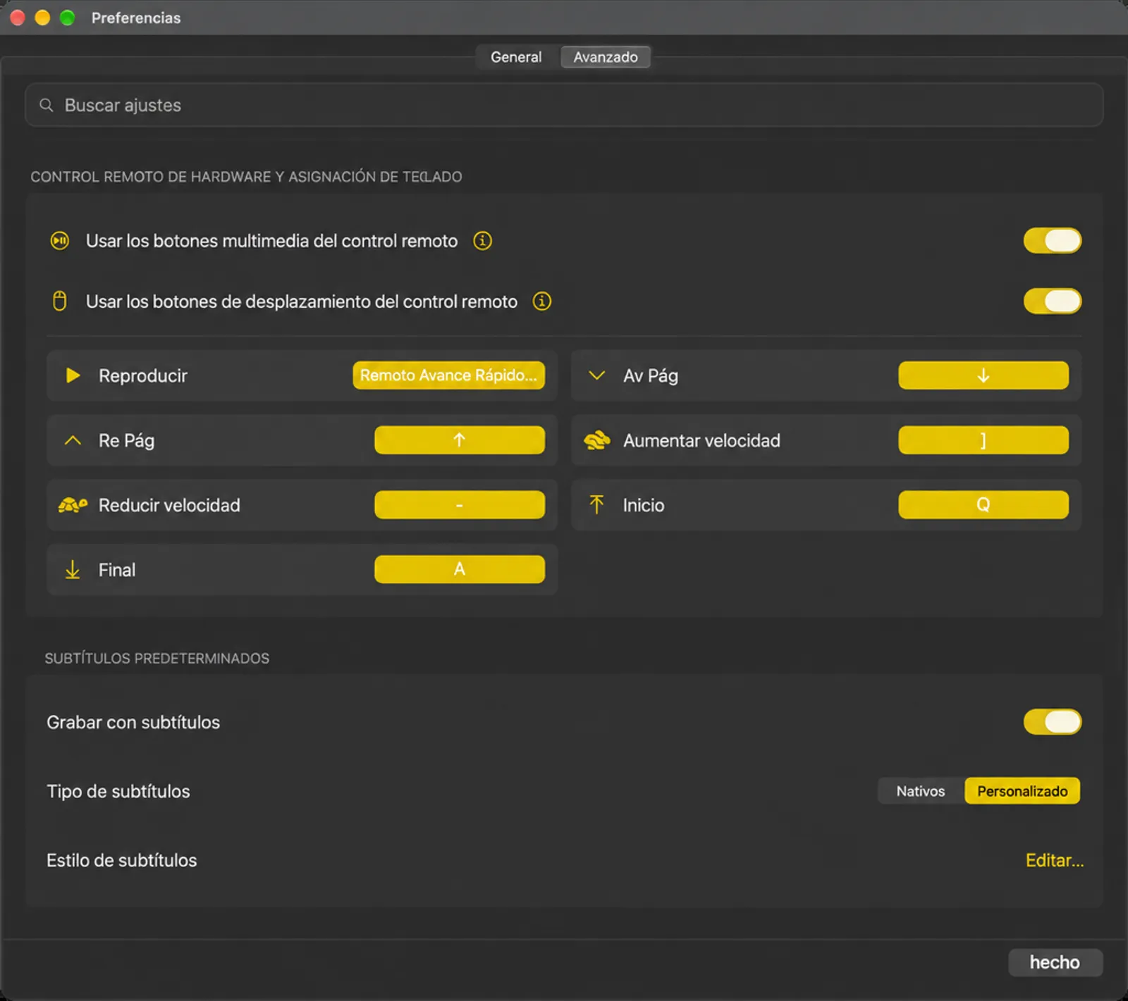 La tarjeta de mapeo del mando a distancia y del teclado de hardware sobre la tarjeta de Valores predeterminados de la descripción