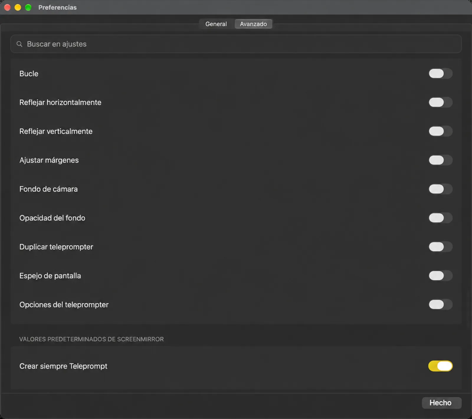 La tarjeta de configuración de los botones del dock que enumera las acciones que pueden promocionarse al dock