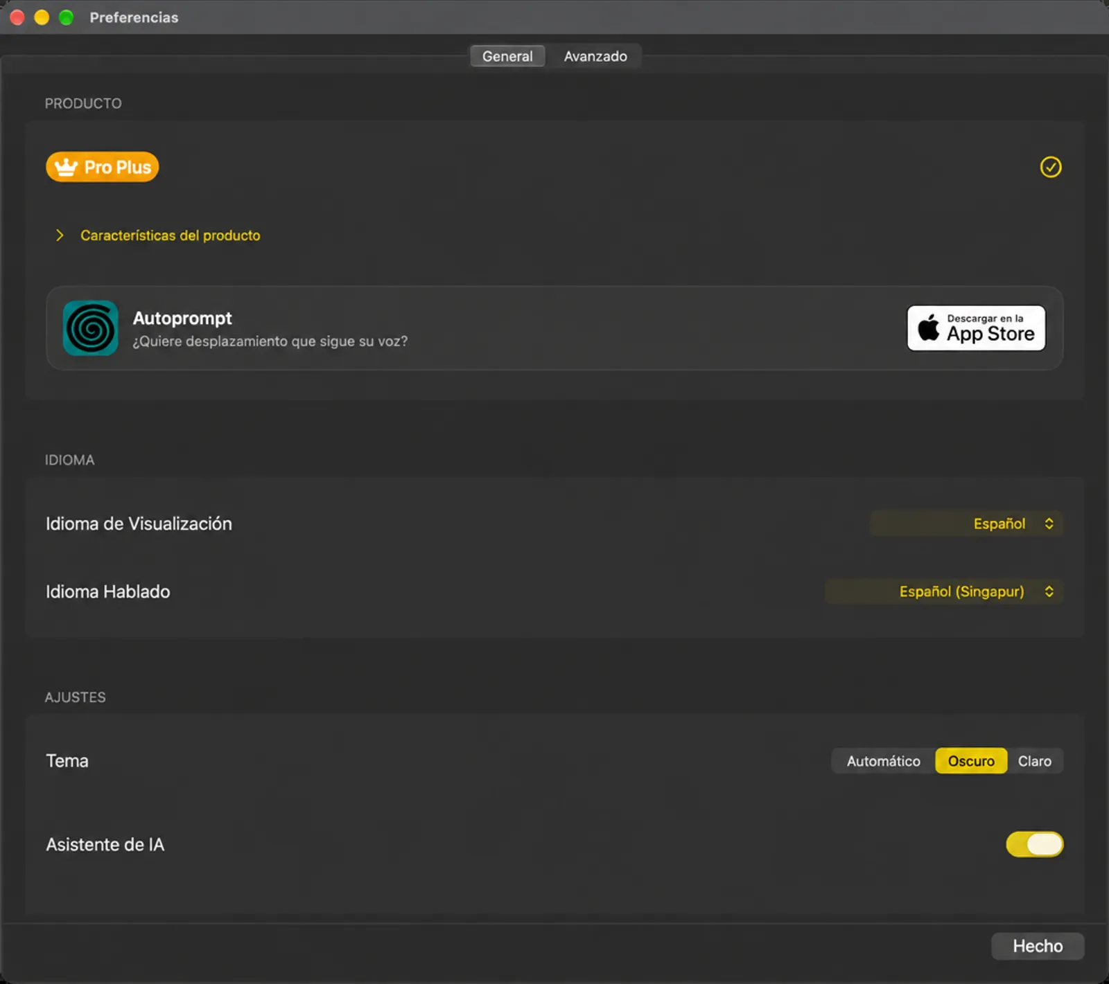 La pestaña Configuración general que muestra las secciones Producto, Idioma y Configuración