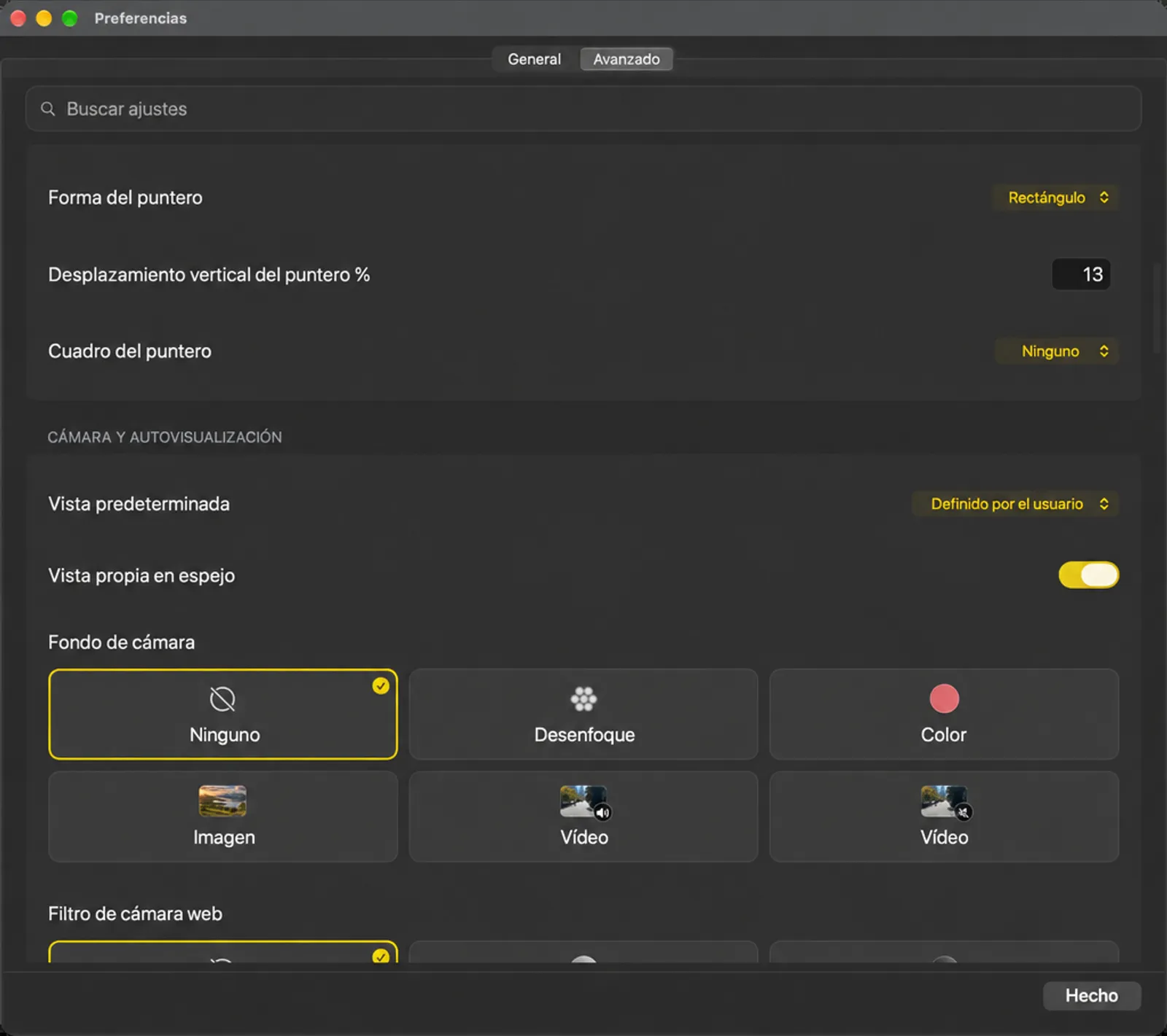 Las tarjetas de configuración del Pointer, la Cámara y la Vista en sí, incluidas las fichas de fondo de la cámara