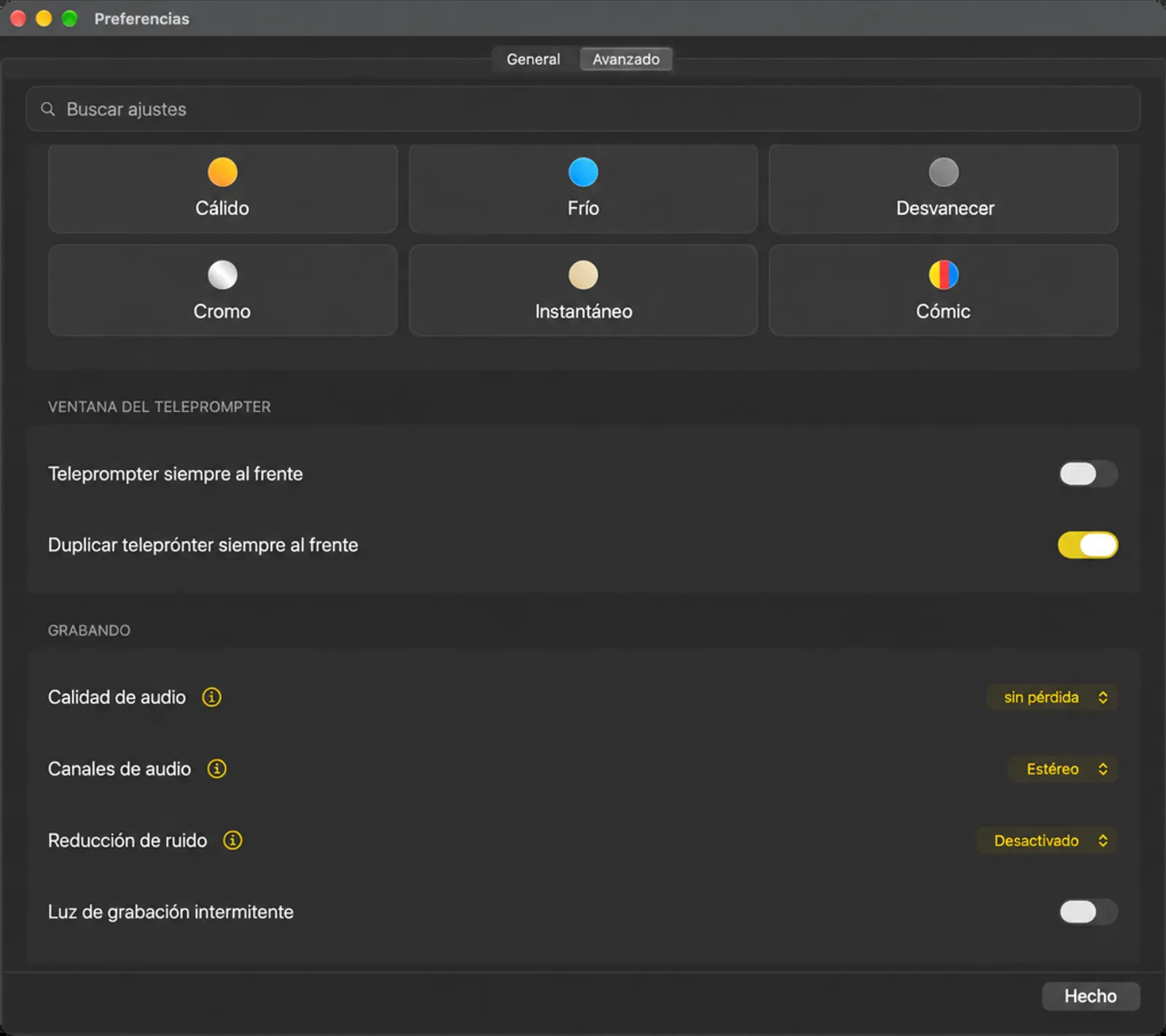 Los ficheros del filtro de la webcam, la tarjeta Teleprompt Window y la tarjeta de grabación