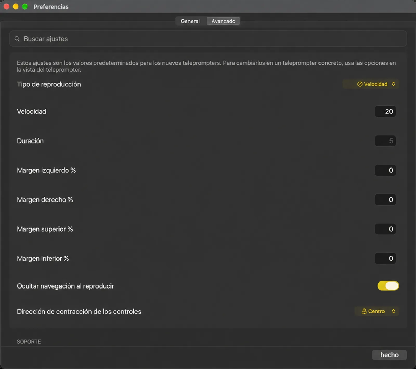La tarjeta de configuración de Teleprompt por defecto con tipo de reproducción, velocidad, duración y márgenes