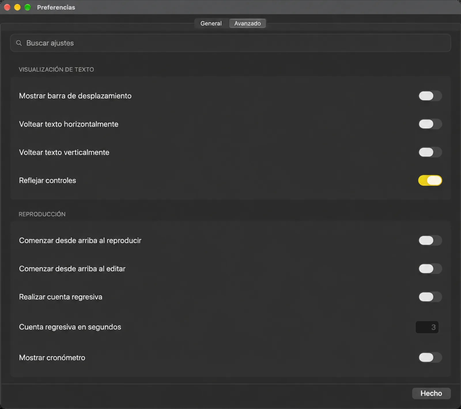 Las tarjetas de configuración de la visualización y reproducción de texto