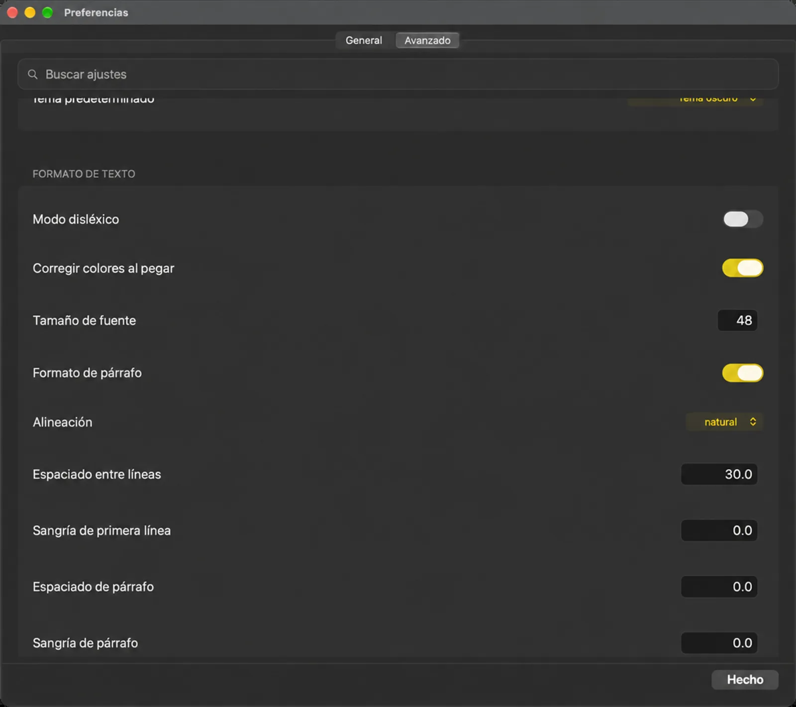 La tarjeta de configuración de formato de texto con Modo disléxico, manejo de pegadas, tamaño de fuente y controles de párrafos