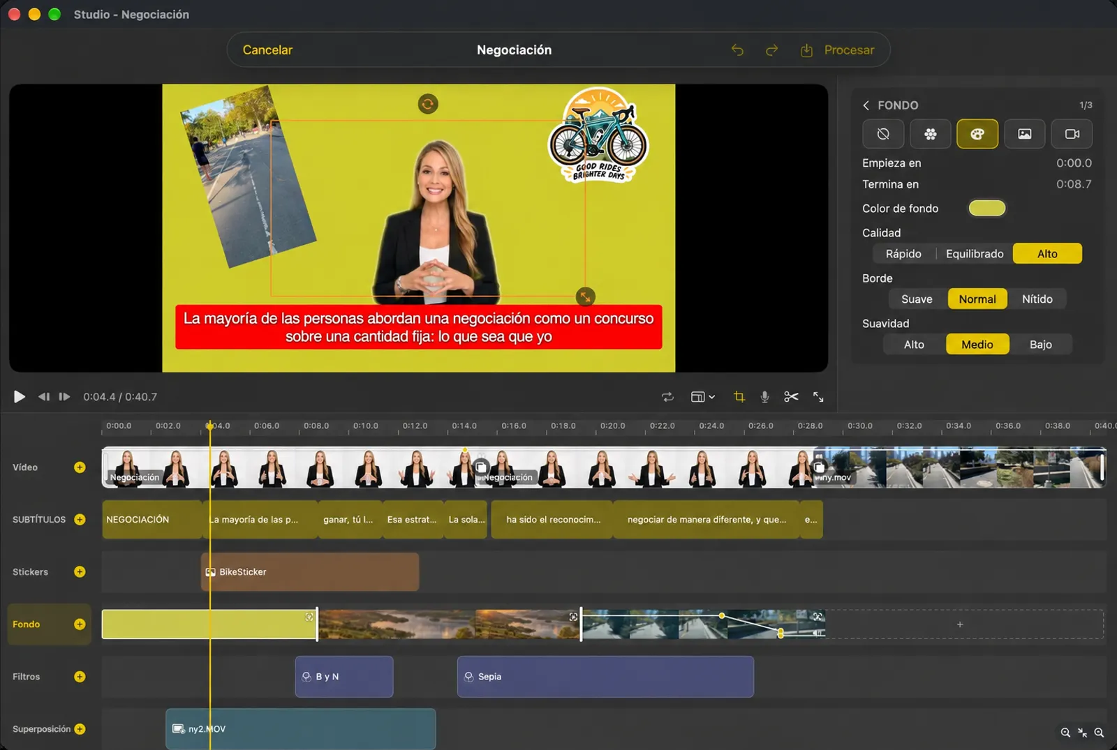 Un segmento de fondo seleccionado en Studio, con controles de calidad, borde y suavidad en el inspector