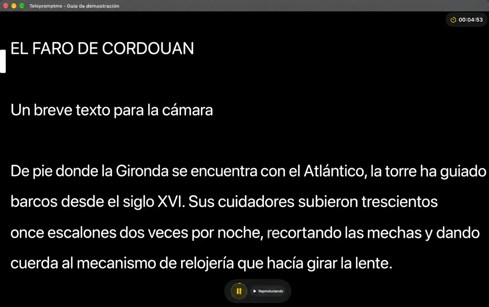 El temporizador de telepromoción que funciona en modo temporizador, el reloj contando atrás y el dock colapsado hasta un botón de pausa y el estado de reproducción