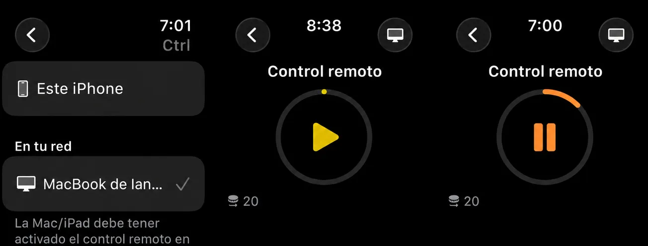 Tres pantallas Apple Watch: elegir qué dispositivo controlar, un botón de reproducción con un anillo de progreso y el estado de pausa