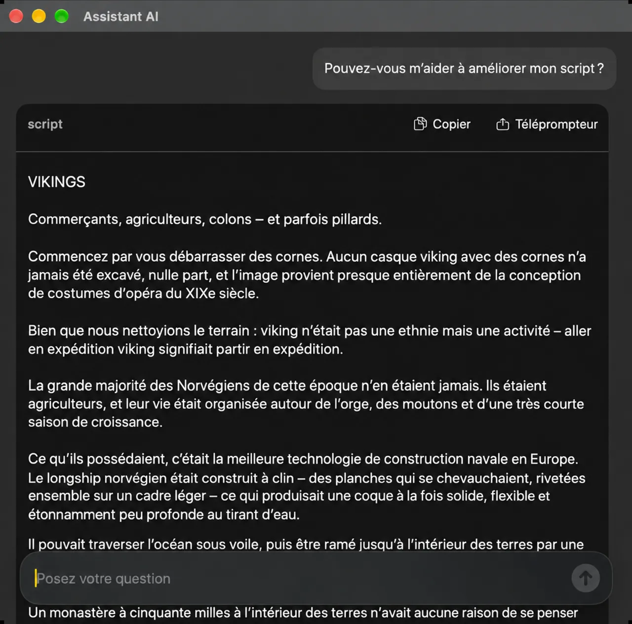La fenêtre de l'assistant IA avec une demande d'amélioration du script et du script réécrit a été renvoyée sous forme de carte