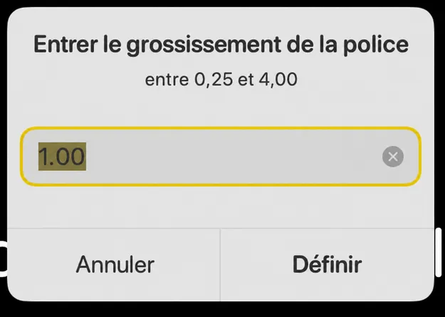 La boîte de dialogue Affiner la police Enter avec une indication de lecture entre 0,25 et 4,00