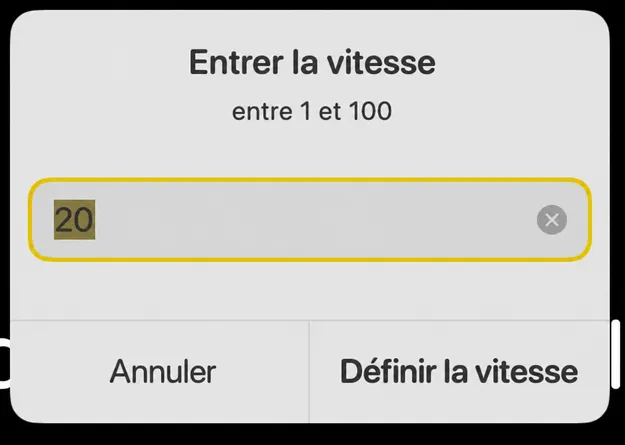 La fenêtre de dialogue «Vitesse d’entrée» avec une indication de lecture entre 1 et 100 et un bouton «Définir la vitesse»