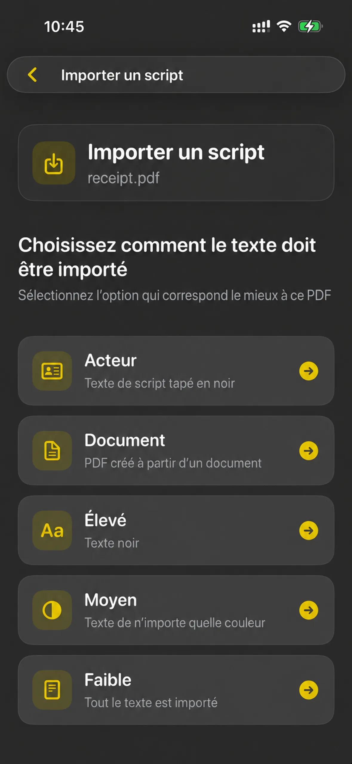 L'écran Script d'importation liste les Acteur, Document, Haut, Moyen et Bas comme moyens de lire un PDF