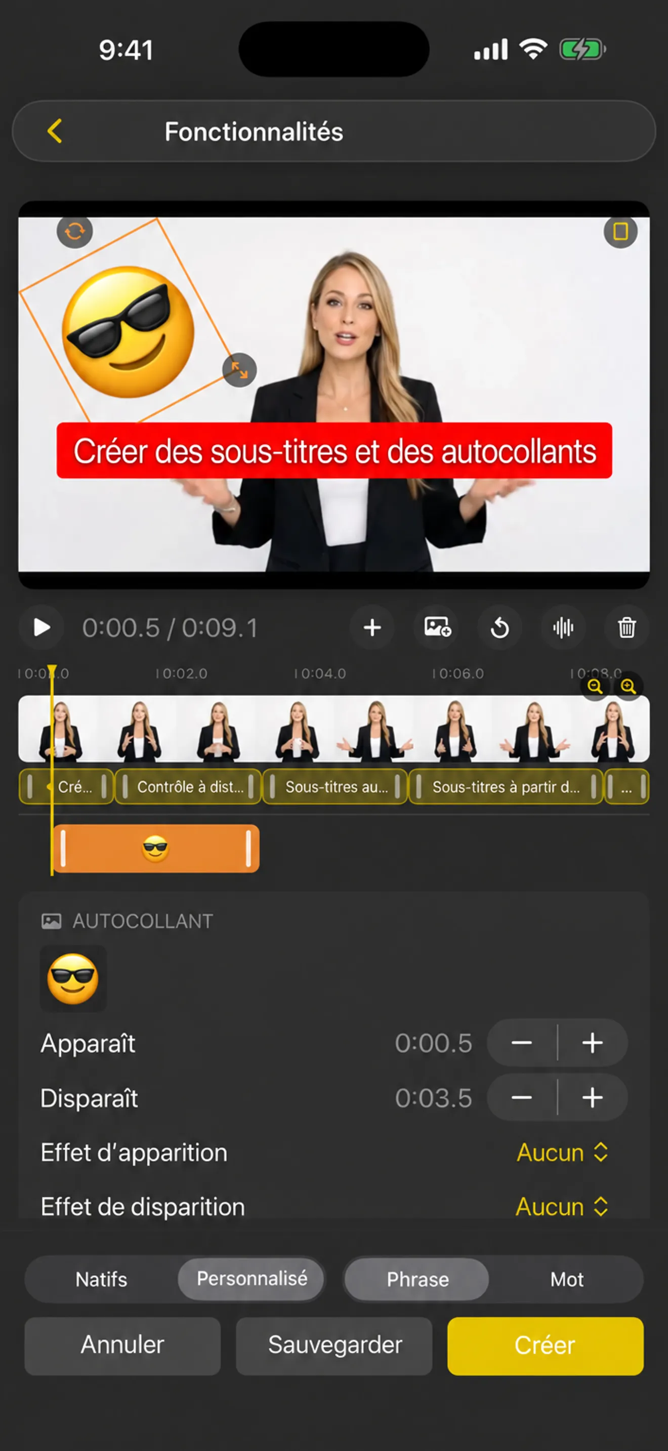 L’éditeur de sous-titres et d’autocollants sur iPhone avec une chronologie et des temps d’apparition et de disparition