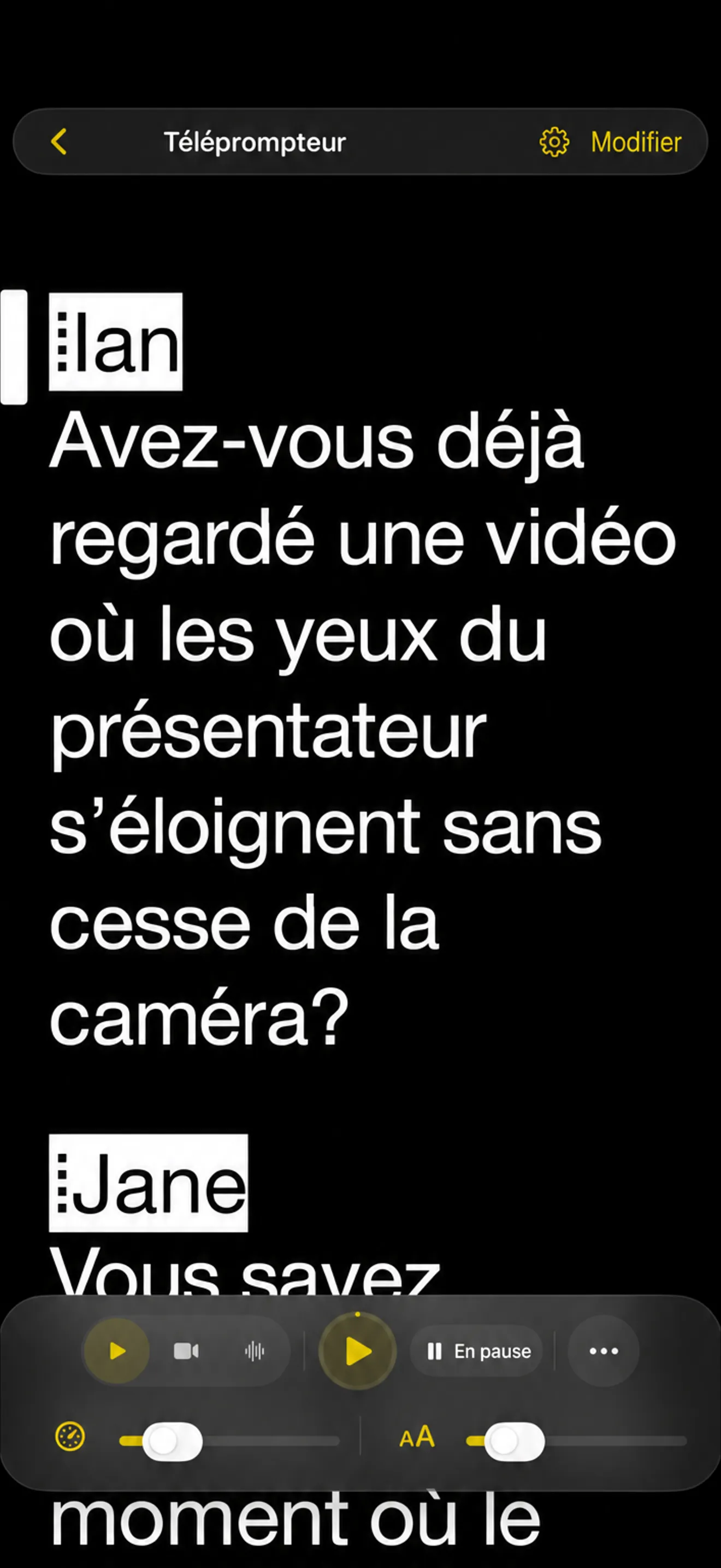 L'téléprompteur Telepromptme sur iPhone, le script remplissant l'écran avec le port de transport en bas