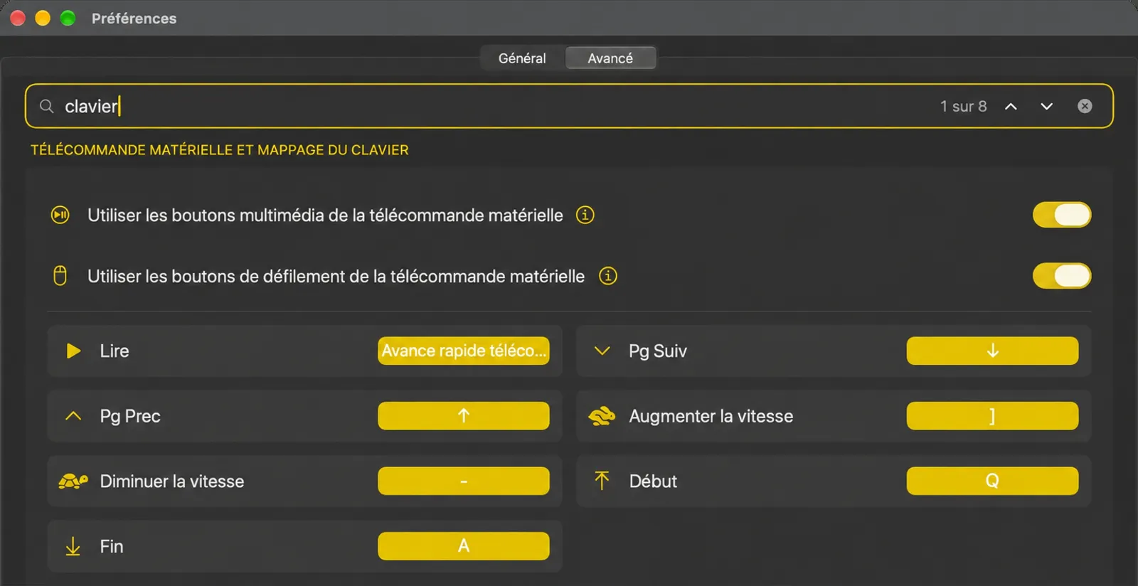 L'écran de cartographie du clavier avec les actions du téléprompteur et leurs touches attribuées