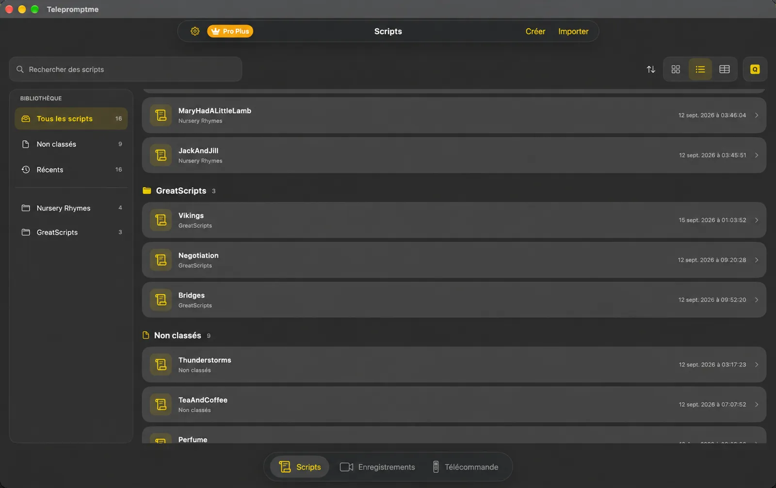 La bibliothèque de scripts dans la vue Liste, avec les scripts regroupés en lignes sous les titres de dossiers