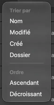Le menu de tri s'ouvre, affichant Trier par avec Nom, Modifié, Créé et Dossier, et Direction avec Ascendant et Descendant