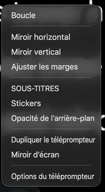 La liste du menu plus du téléobjectif Loop, de la mise en miroir, des marges, des sous-titres, des autocollants et des sorties uniquement Mac