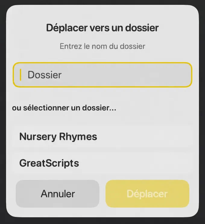 La fenêtre de dialogue Déplacer dans un dossier avec un champ de nom de dossier et une liste des dossiers existants