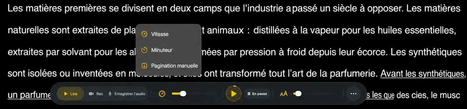 Le sélecteur de mode de défilement s'ouvre sur le téléprompteur, listant la vitesse, le minuteur et la page manuelle.