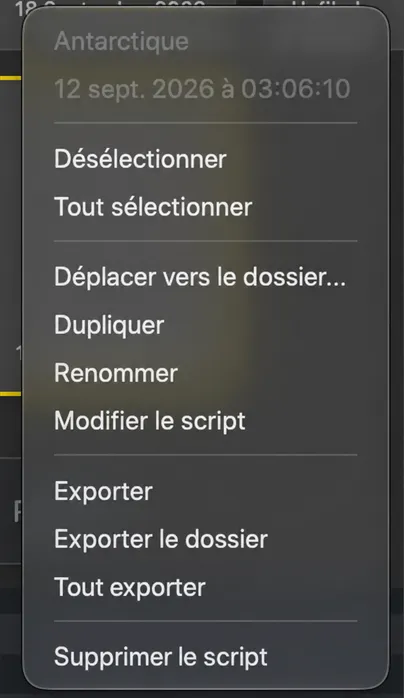 Le menu droit sur une tuile de script indiquant Déplacer dans un dossier, Dupliquer, Renommer, Modifier le script, Exporter et Supprimer le script