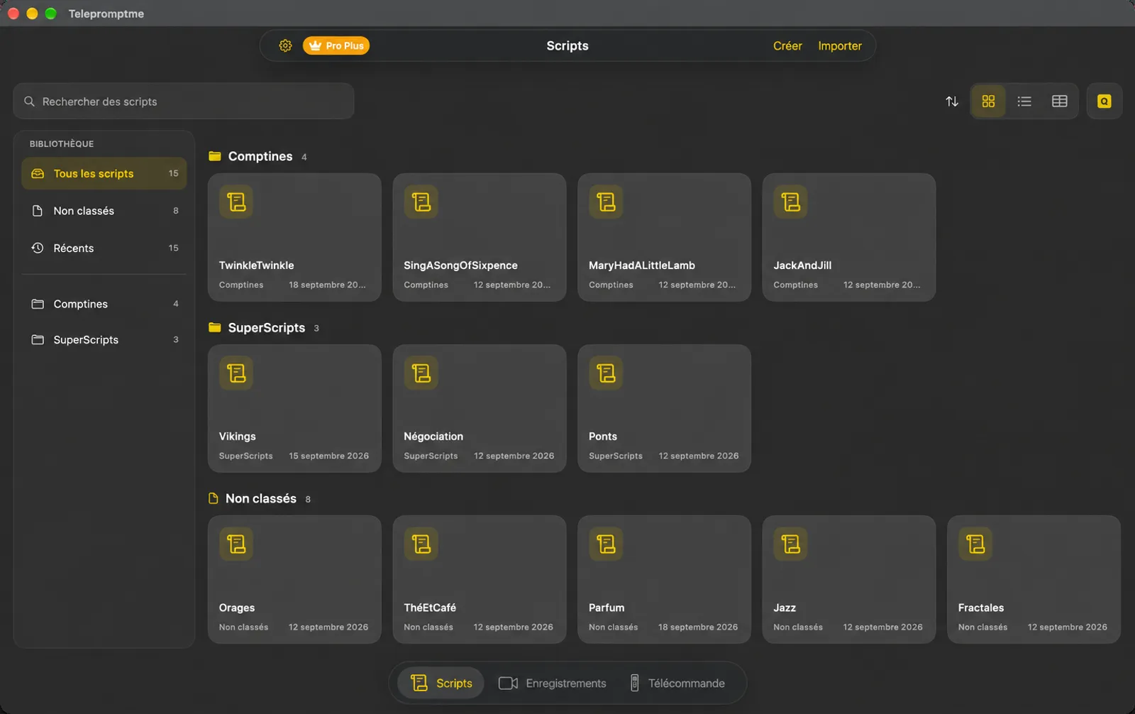 La bibliothèque de scripts Telepromptme affichant les scripts sous forme de carreaux avec une barre latérale de dossier