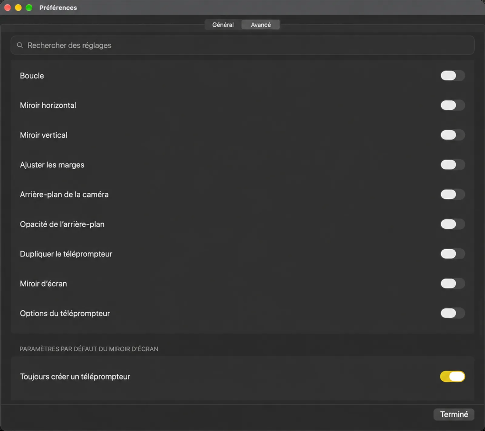 La carte des paramètres des boutons du dock listant les actions qui peuvent être promues vers le dock