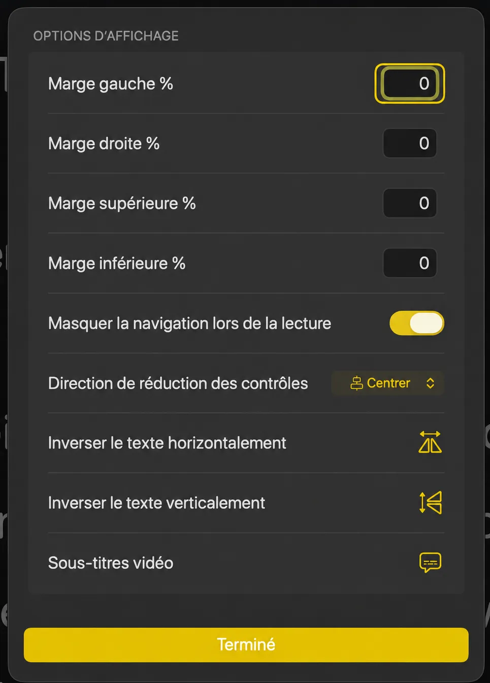 La feuille Options d'affichage avec les quatre champs de marge, la suppression de la navigation, la direction de l'effondrement et les commandes de bascule