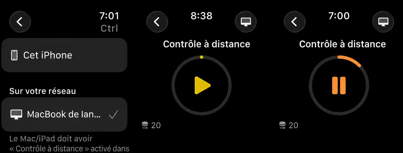 Trois écrans Apple Watch: le choix de l'appareil à contrôler, un bouton de lecture avec un anneau de progression et l'état de pause