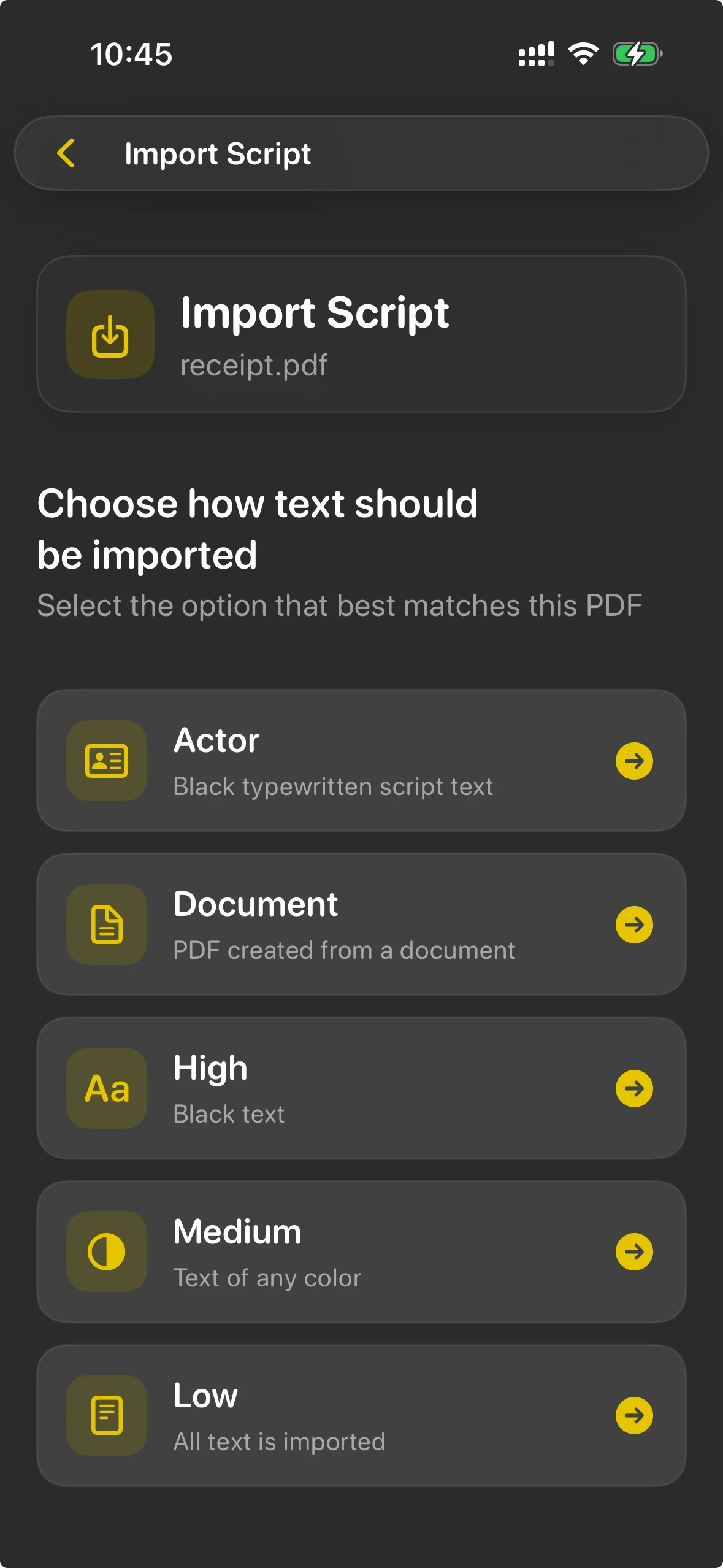 The Import Script screen listing Actor, Document, High, Medium and Low as ways to read a PDF