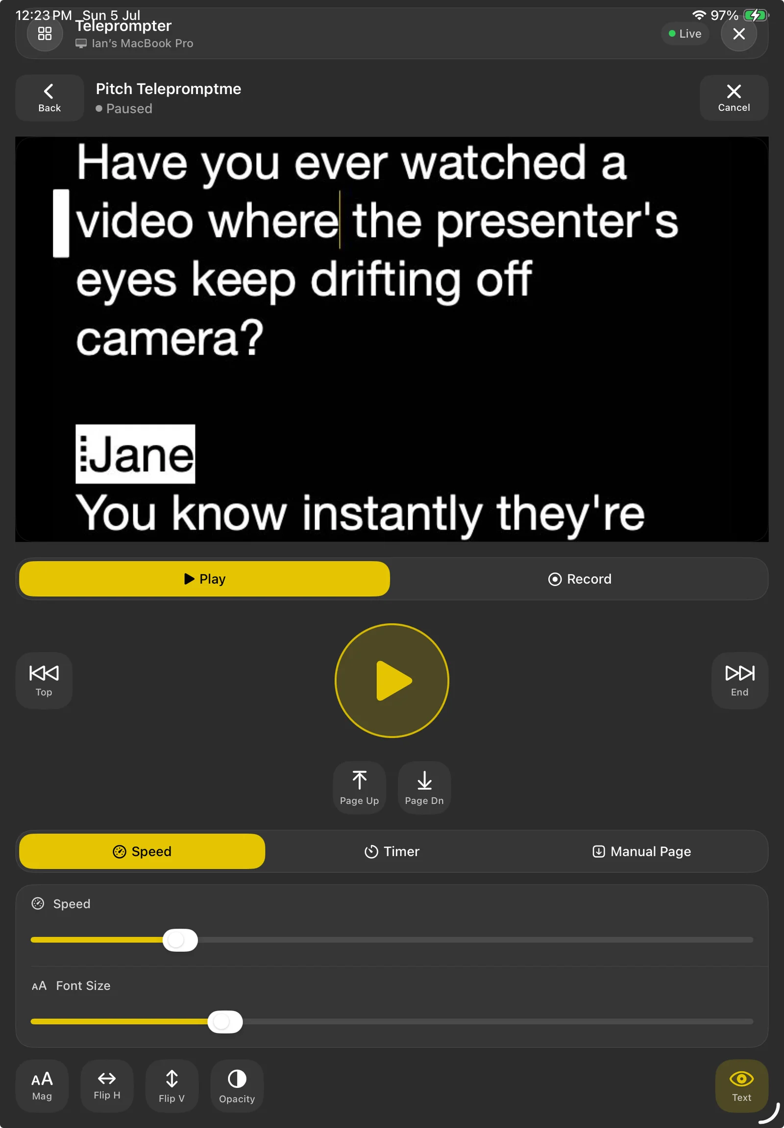 The same remote panel on iPad, with more room for the script and the controls