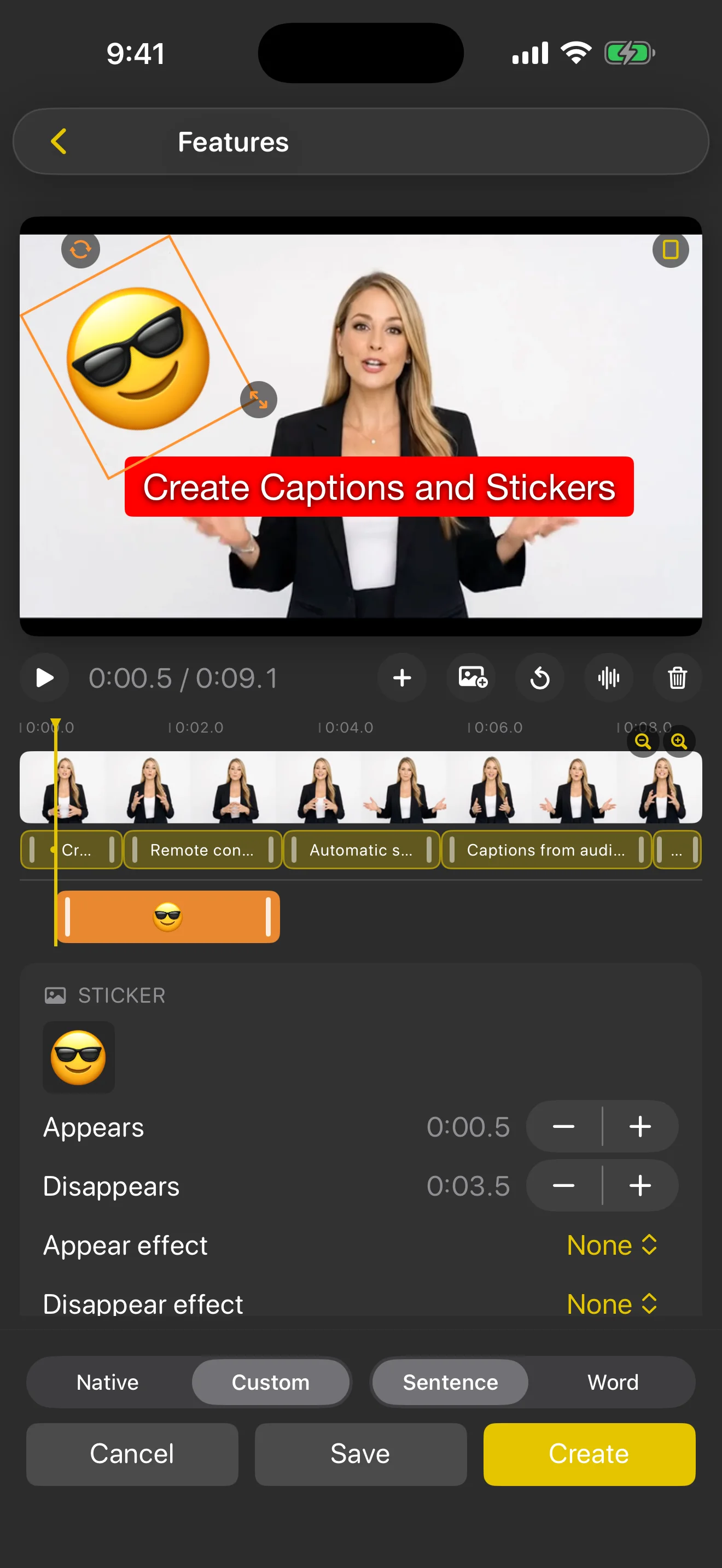The captions and stickers editor on iPhone with a timeline and appear and disappear times
