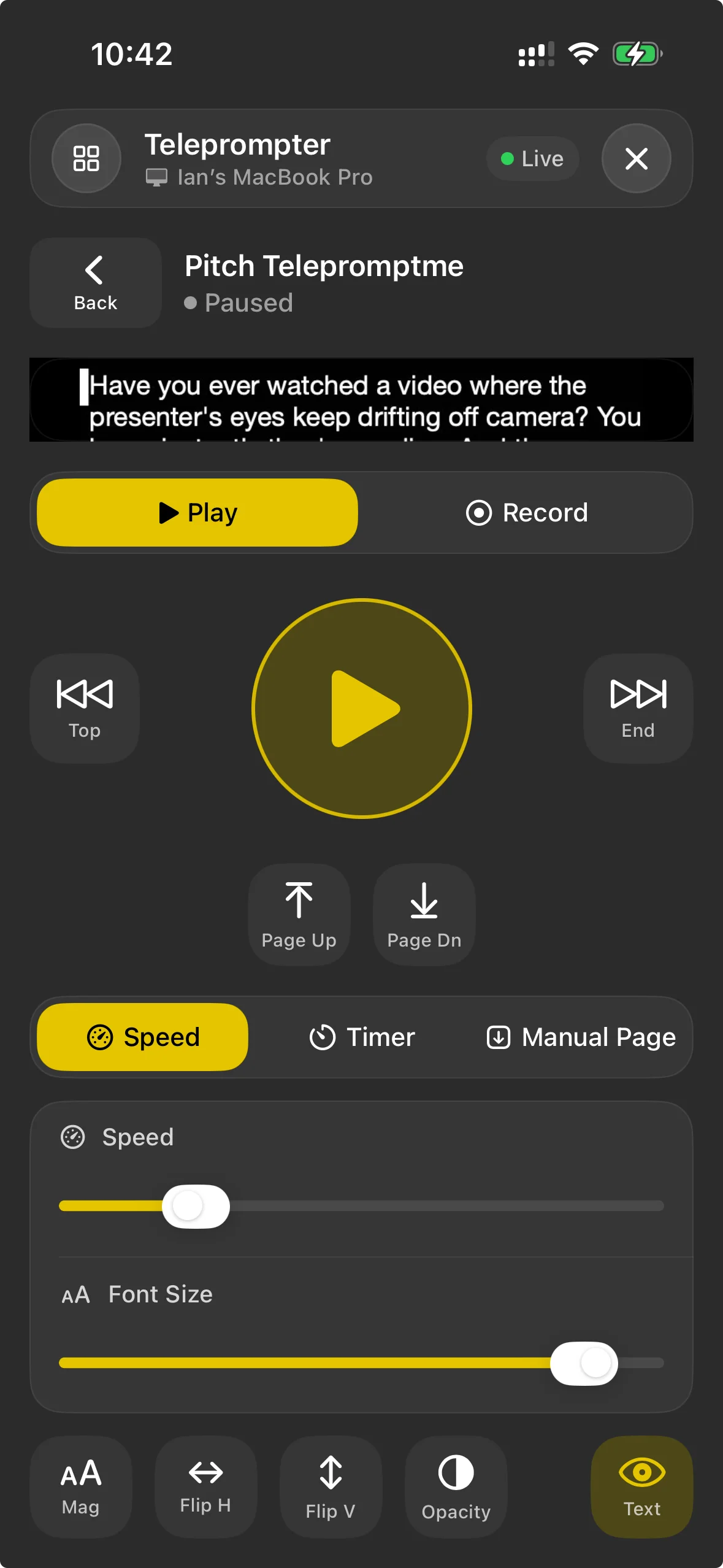 An iPhone driving a Mac as a remote: transport buttons, the scroll-mode picker and speed and font sliders