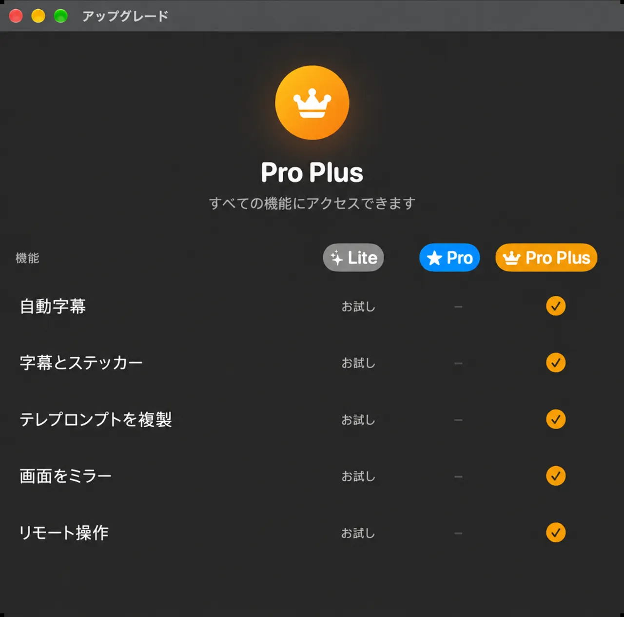 Lite、Pro、Pro Plusの生産機能におけるアップグレードウィンドウ