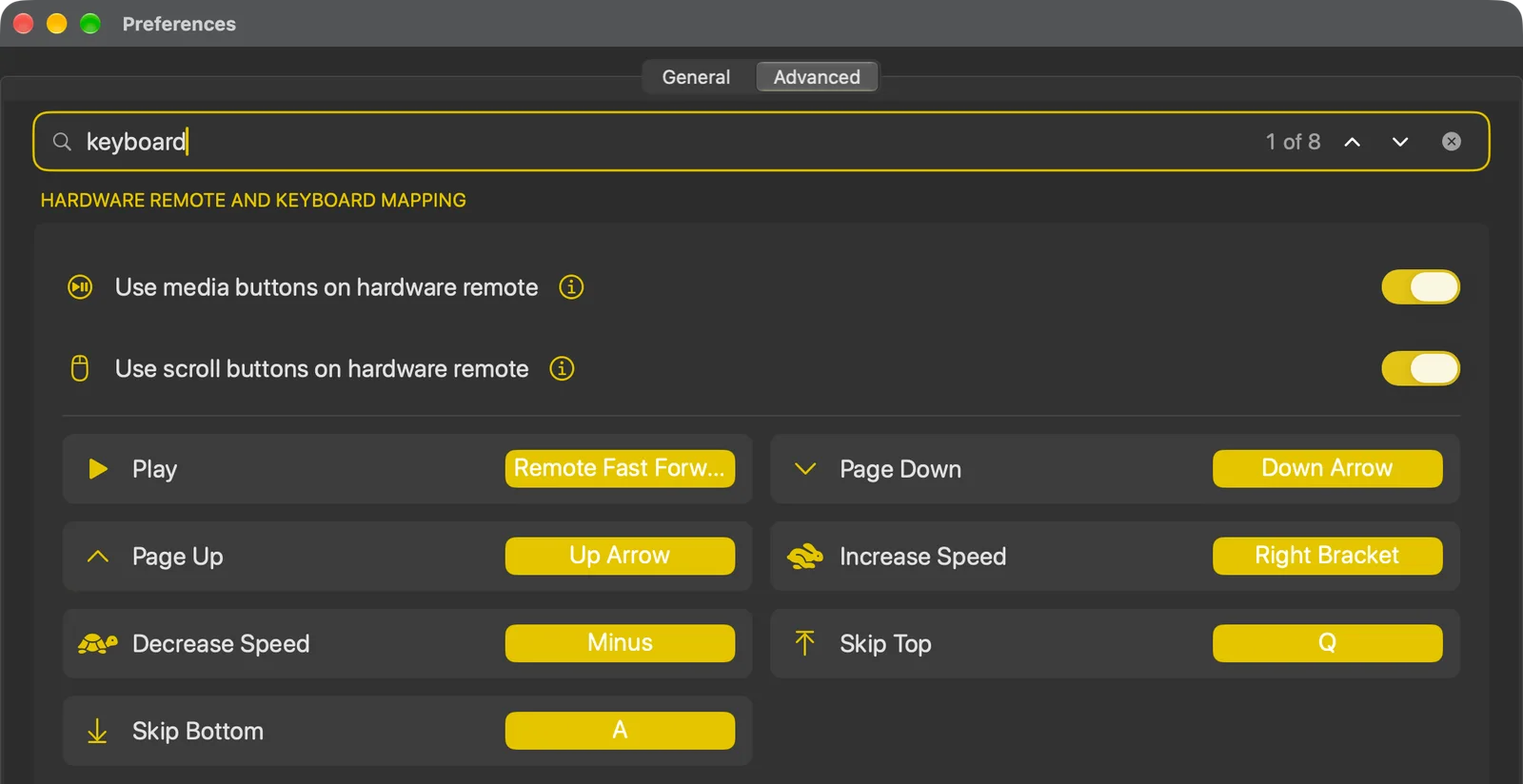 The keyboard mapping screen with teleprompter actions and their assigned keys