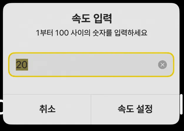 1과 100 사이의 힌트 읽기 값과 속도 설정 버튼이 있는 입력 속도 대화 상자
