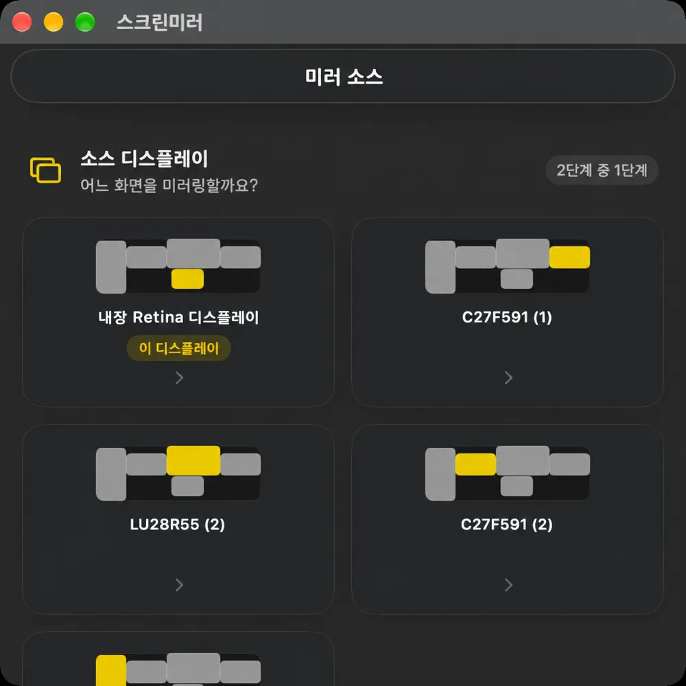 스크린 미러 단계 1, 소스 디스플레이, 어떤 화면을 미러링해야 하는지 묻는 단계