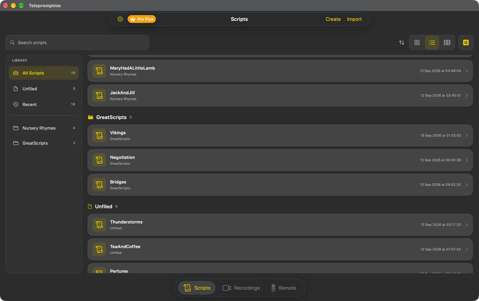 The scripts library in List view, with scripts as rows grouped under folder headings