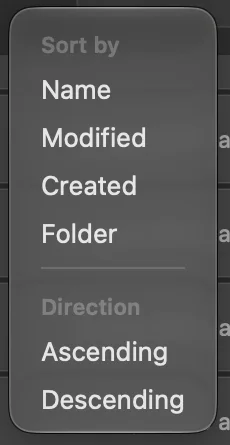 The sort menu open, showing Sort by with Name, Modified, Created and Folder, and Direction with Ascending and Descending