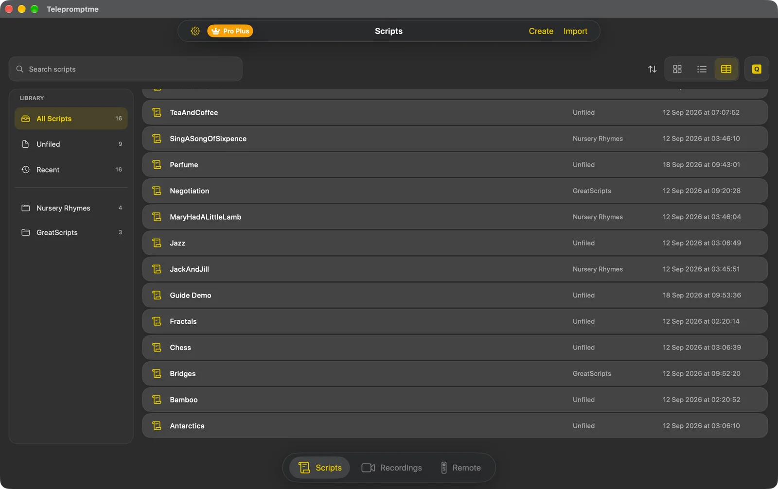 The scripts library in Table view, a flat sortable table with name, folder and date columns