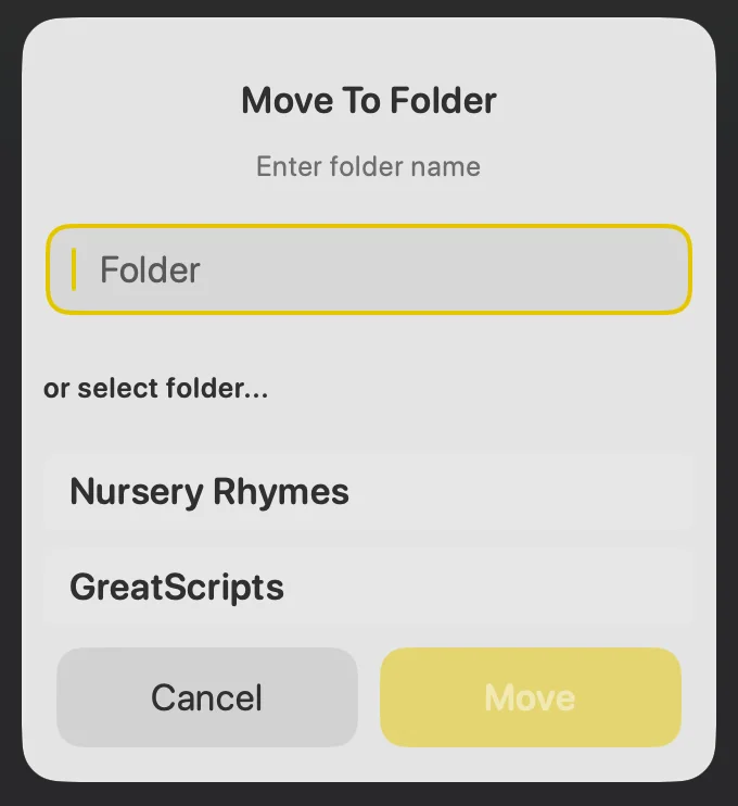 The Move To Folder dialog with a folder name field and a list of existing folders
