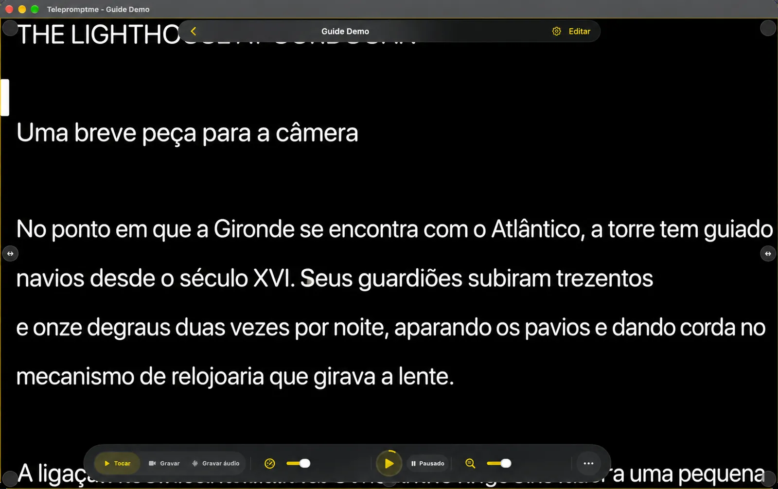 O teleprometor com as margens ajustadas ativadas, mostrando alças de arrastar nas bordas e cantos da área de texto