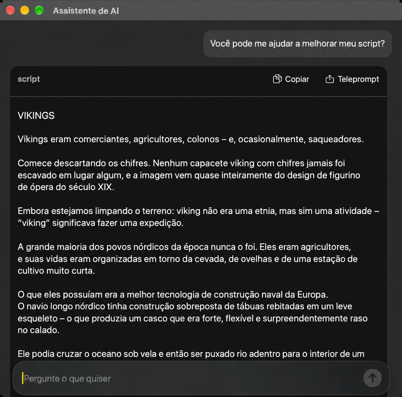 A janela do Assistente de IA com uma solicitação para melhorar o script e o script reescrito retornou em um cartão